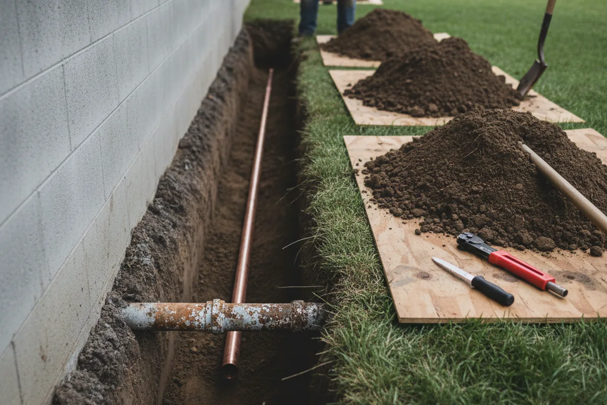 Excavated water line trench during Water Heater Repair in Joppa